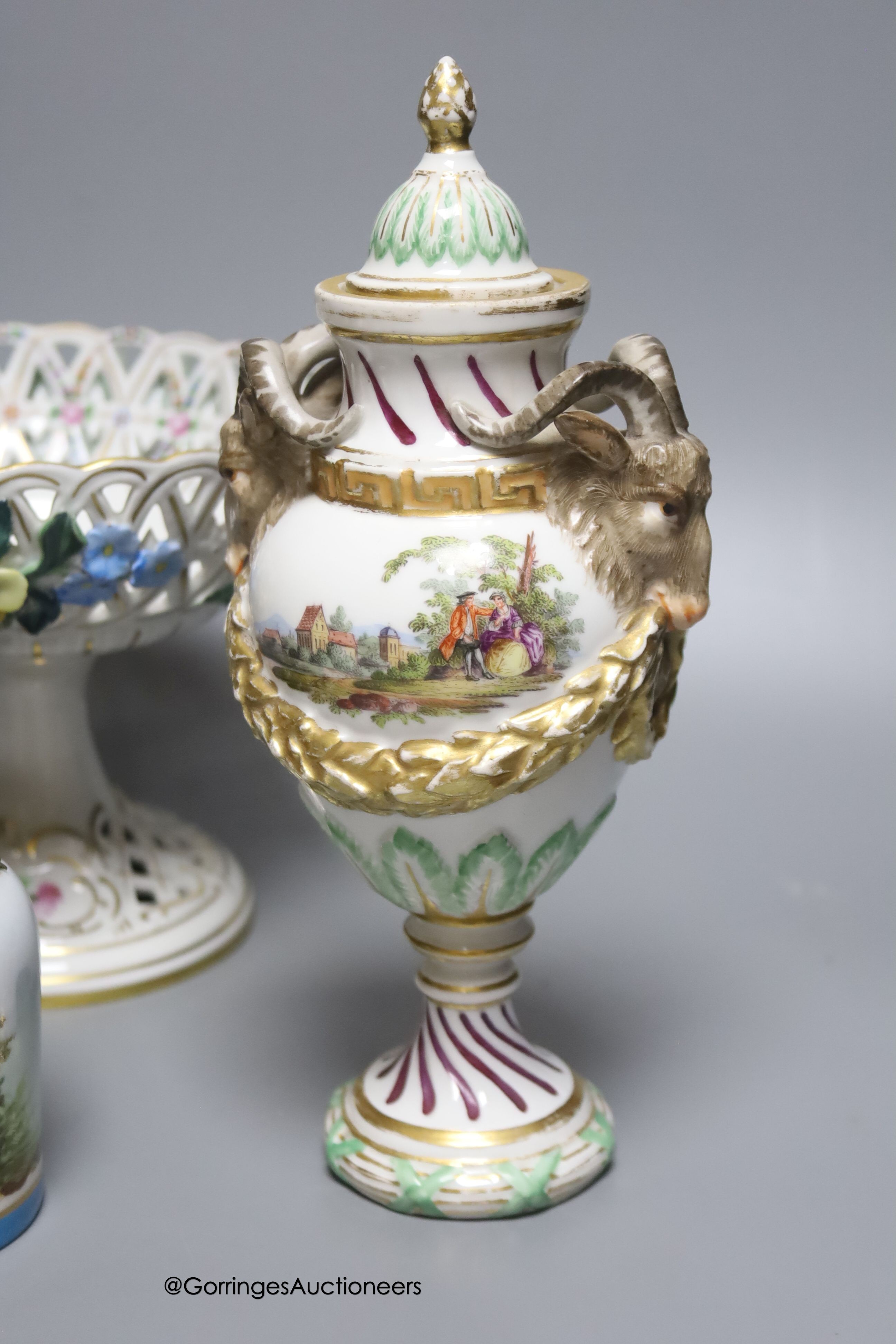 A Sevres style ormolu-mounted bowl and cover, a similar lidded vase and a scent bottle, tallest 22cm